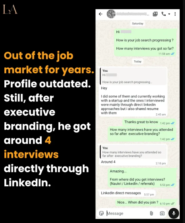 Out of the job market for years. Profile outdated. After Executive Branding — around 4 interviews directly through LinkedIn.