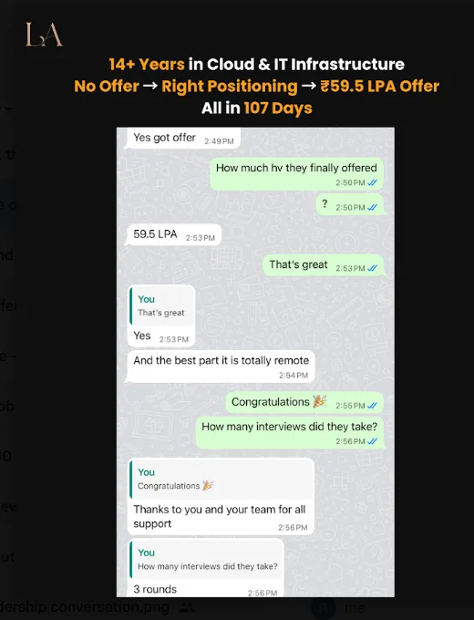 14+ years in Cloud & IT Infrastructure. No offer → right positioning → ₹59.5 LPA offer. All in 107 days.