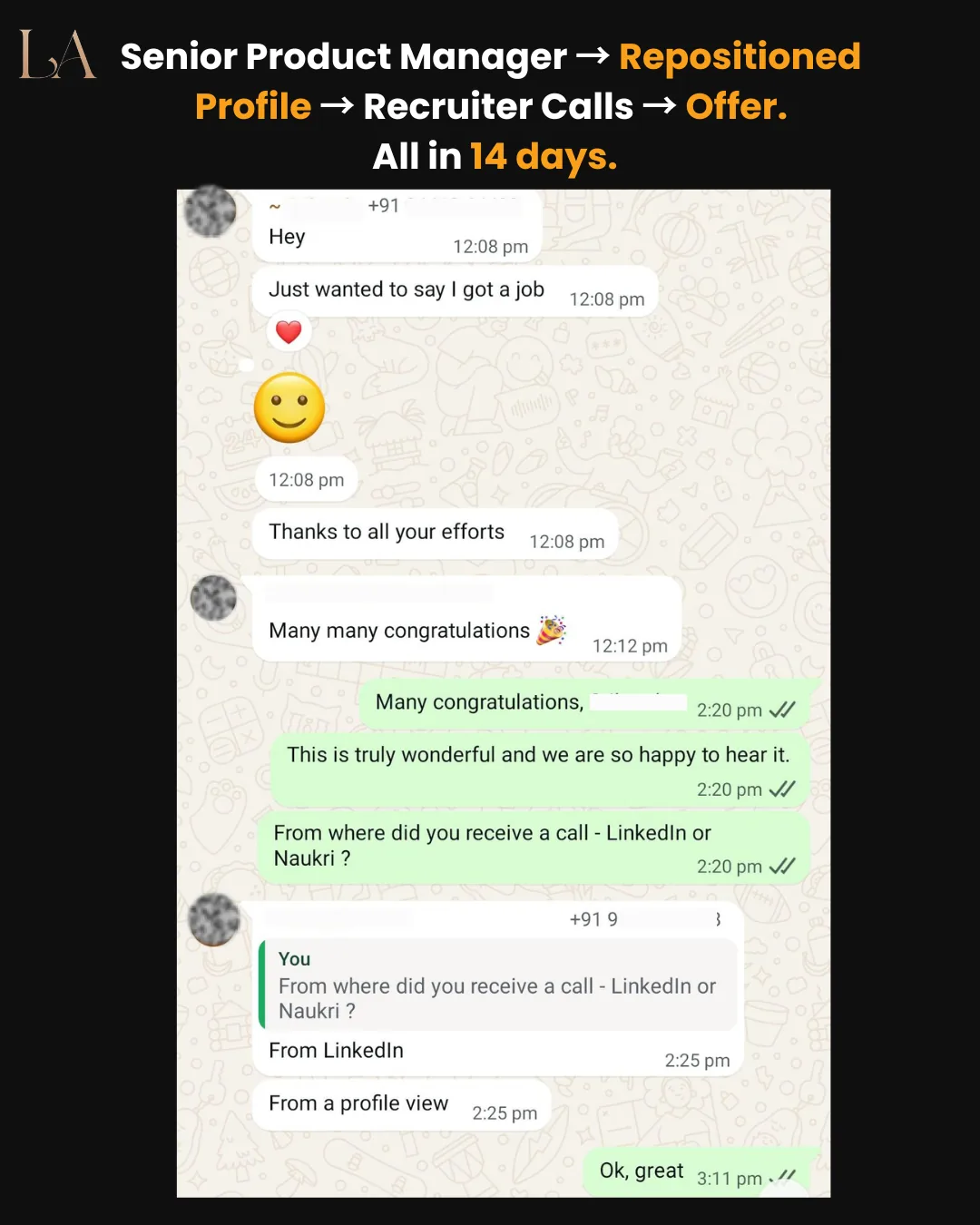 Senior Product Manager → repositioned profile → recruiter calls → offer. All in 14 days.